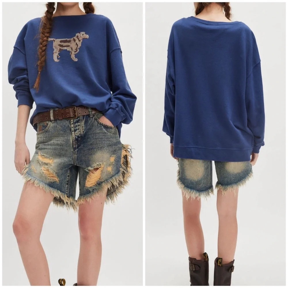 NWT Free People Ragabond Best Friend Cross Stitch Crewneck - navy - XL *IR* $168